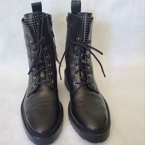 ZARA Black Leather Moto Combat Ankle Boots Lace Up with Silver Studded Flaps NWT